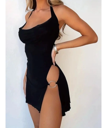 Kadın Halkalı Yırtmaçlı Siyah Şık Mini Fantezi Elbise