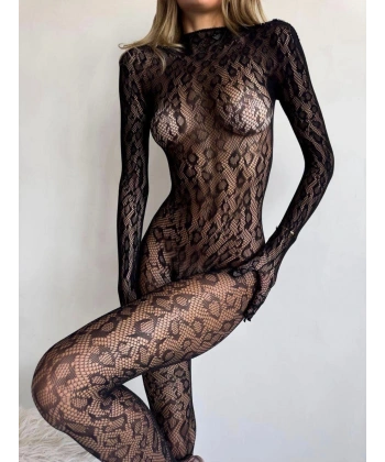 Kadın Leopar Özel Tasarım Eldivenli Vücut Çorabı