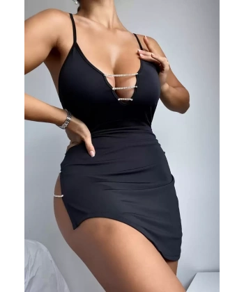 Taşlı Siyah Fantezi Mini Elbise