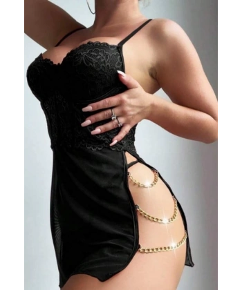 Kadın Yırtmaç Zincirli Dantelli Siyah Fantezi Gecelik