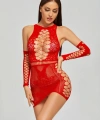 Kadın Kırmızı Fantezi Eldivenli Mini Elbise Vücut Çorabı