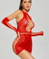 Kadın Kırmızı Fantezi Eldivenli Mini Elbise Vücut Çorabı