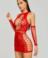 Kadın Kırmızı Fantezi Eldivenli Mini Elbise Vücut Çorabı