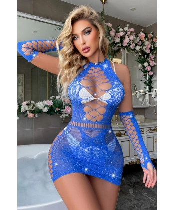 Saks Mavi Eldivenli Taşlı Vücut Çorabı