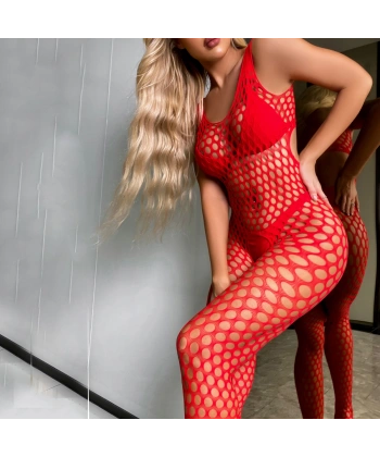 Kadın Sırt Detaylı File Kırmızı Fantezi Vücut Çorabı