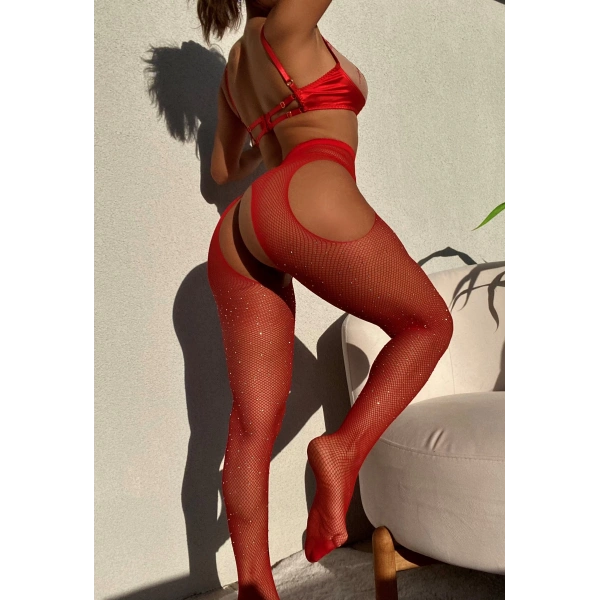 Kadın Kırmızı Taşlı Özel Bölgesi Açık Fantezi Çorap