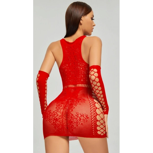 Kadın Kırmızı Fantezi Eldivenli Mini Elbise Vücut Çorabı