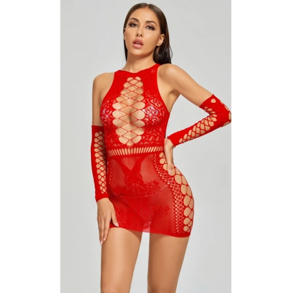 Kadın Kırmızı Fantezi Eldivenli Mini Elbise Vücut Çorabı