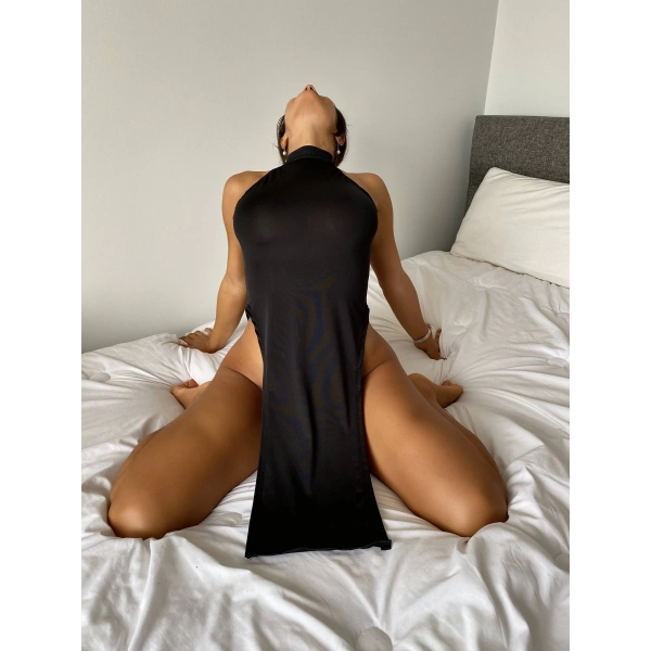 Kadın Sırtı Açık Boyundan Baglamalı Siyah Fantezi Mini Elbise