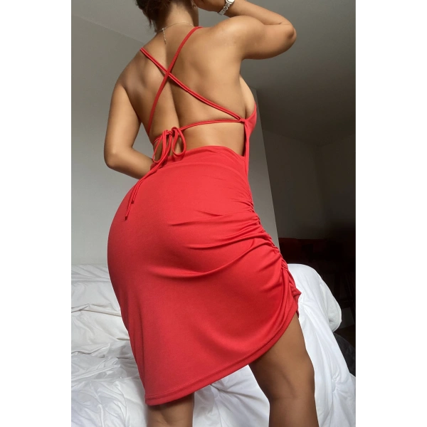 Kadın Kırmızı Sırt Dekolteli Mini Seksi Elbise5127
