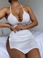 Kadın Beyaz Dekolte Taşlı Mini Elbise