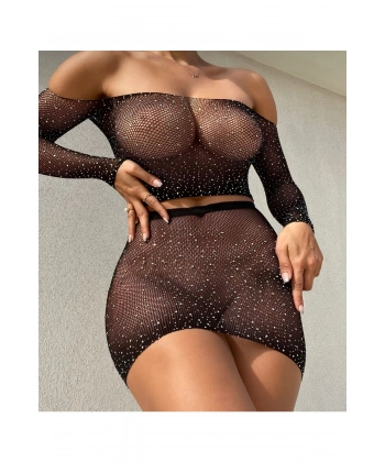 Kadın Fantezi Taşlı File Etekli Takım