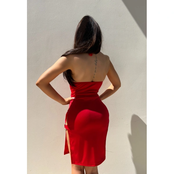 Kadın Kırmızı Yırtmaçlı Fantezi Halkalı Elbise