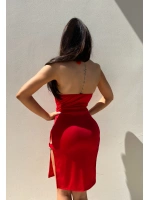 Kadın Kırmızı Yırtmaçlı Fantezi Halkalı Elbise