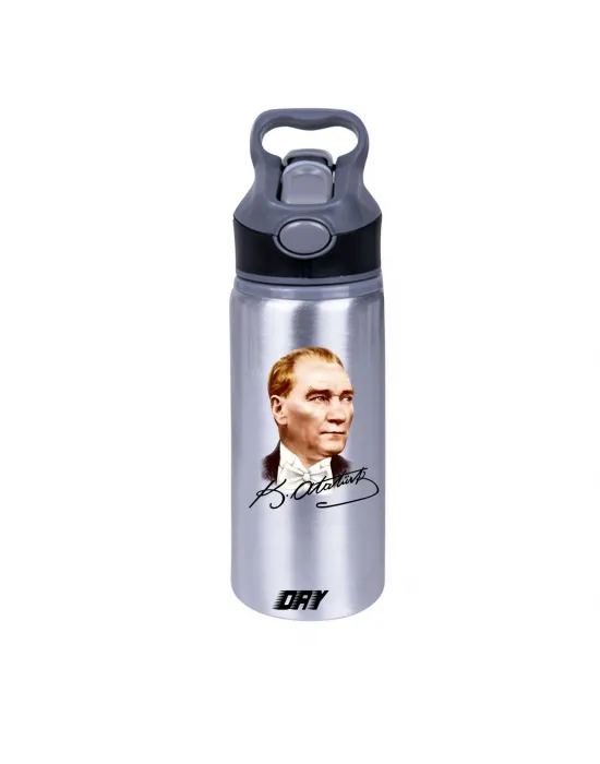 Renkli Mustafa Kemal  Atatürk ve İmzası Baskılı Gümüş 650 ml Matara