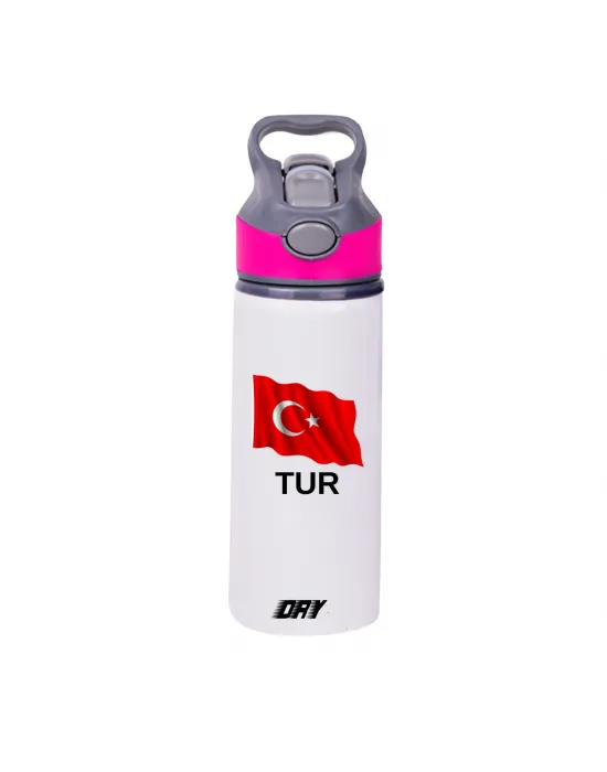 Türk Bayrağı ve TUR Baskılı  650 ml Matara Beyaz (Kapak rengi değiştirilebilir)