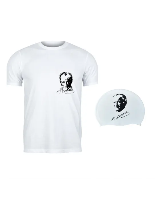 Beyaz T-Shirt Mustafa Kemal Atatürk/İmza Baskılı  ve Bone