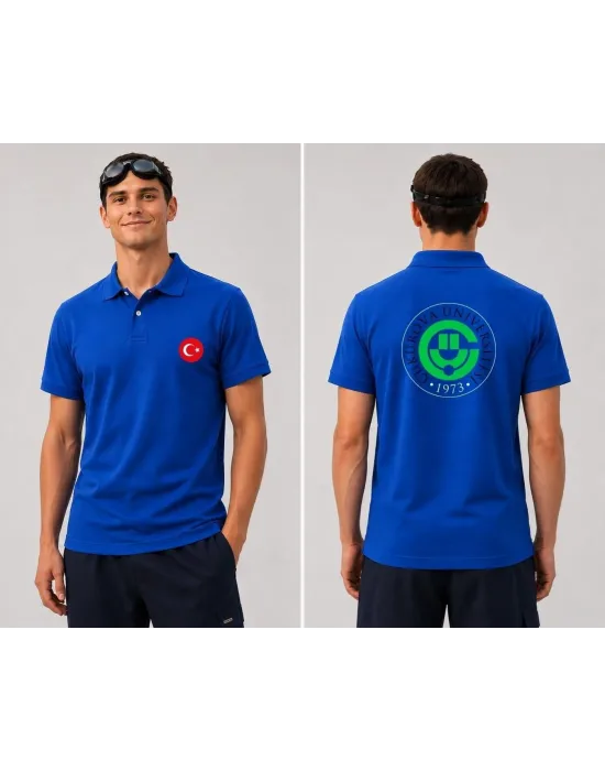 Çukurava Üniversitesi ve Türk Bayrağı  Baskılı Polo (Lacost) Yaka T-shirt Mavi