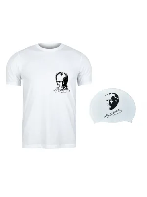 Beyaz T-Shirt Mustafa Kemal Atatürk/İmza Baskılı  ve Bone