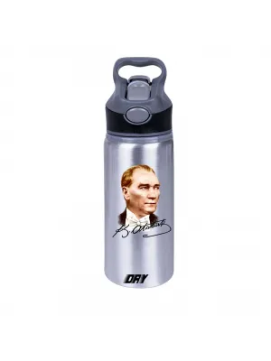 Renkli Mustafa Kemal  Atatürk ve İmzası Baskılı Gümüş 650 ml Matara