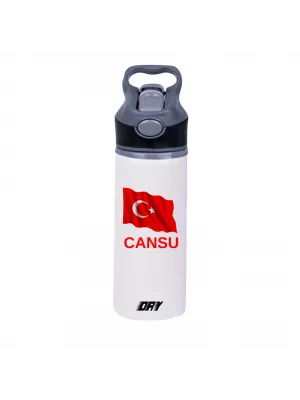 Türk Bayrağı ve İSİM Baskılı  650 ml Matara Beyaz (Kapak rengi değiştirilebilir)