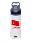 Türk Bayrağı ve İSİM Baskılı  650 ml Matara Beyaz (Kapak rengi değiştirilebilir)