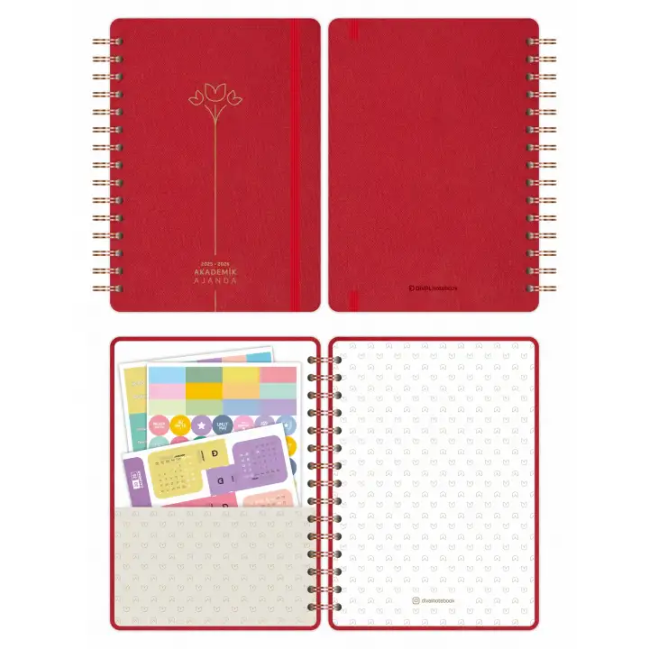 2025-2026 A5 Akademik Ajanda Spiralli Kumaş Kapak 16 Aylık - Kırmızı