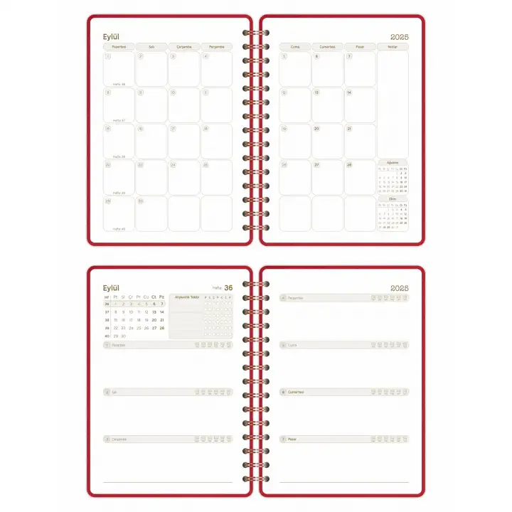 2025-2026 A5 Akademik Ajanda Spiralli Kumaş Kapak 16 Aylık - Kırmızı