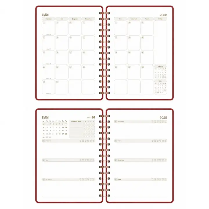 2025-2026 A5 Akademik Ajanda Spiralli Vegan Deri Kapak 16 Aylık - Bordo