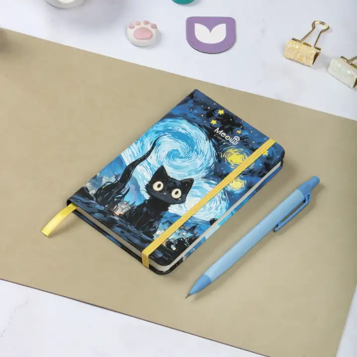 9x14 cm Sert Kapak Çizgili Tarihsiz Dikişli Not Okul Defteri - Meow Kedili 1