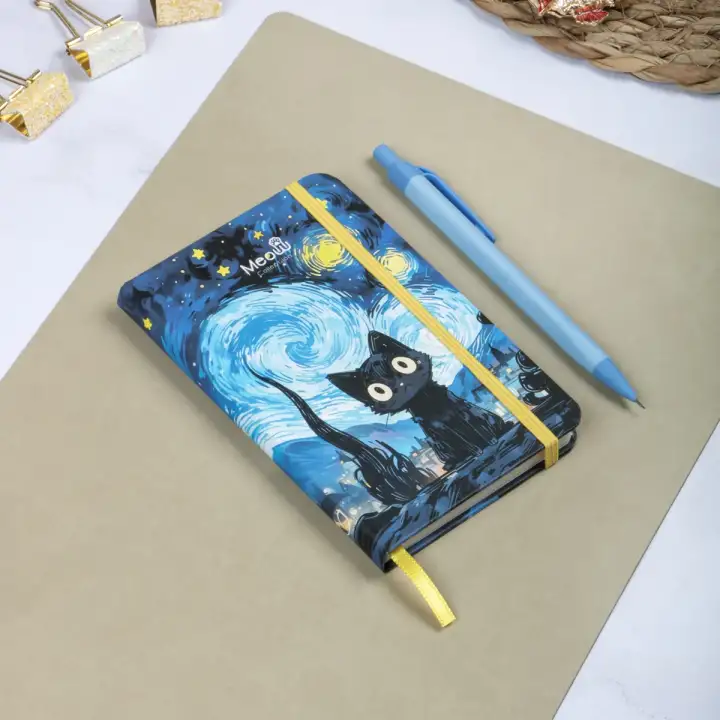 9x14 cm Sert Kapak Çizgili Tarihsiz Dikişli Not Okul Defteri - Meow Kedili 1