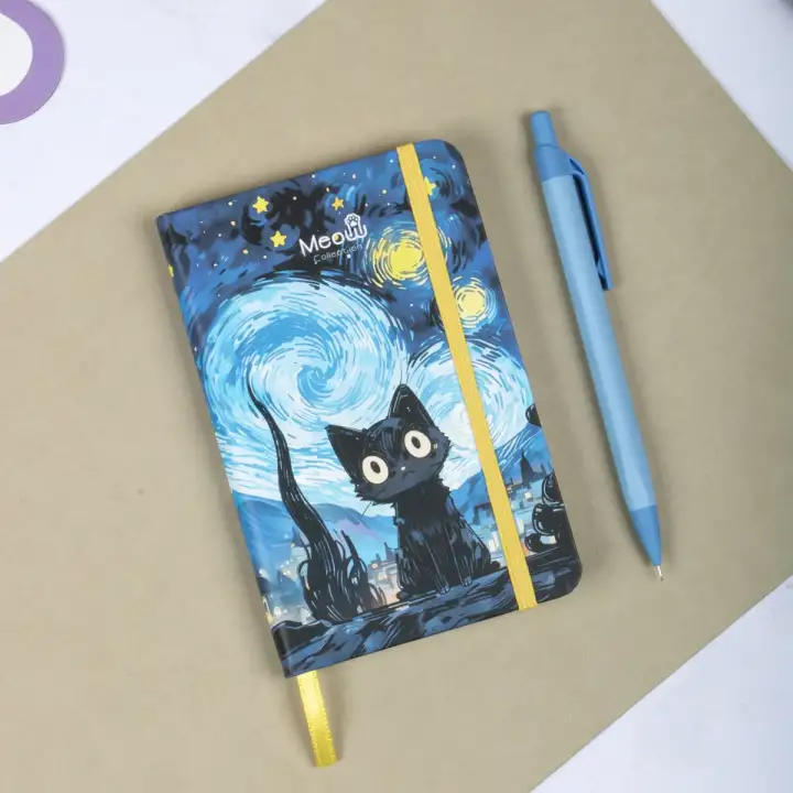 9x14 cm Sert Kapak Çizgili Tarihsiz Dikişli Not Okul Defteri - Meow Kedili 1