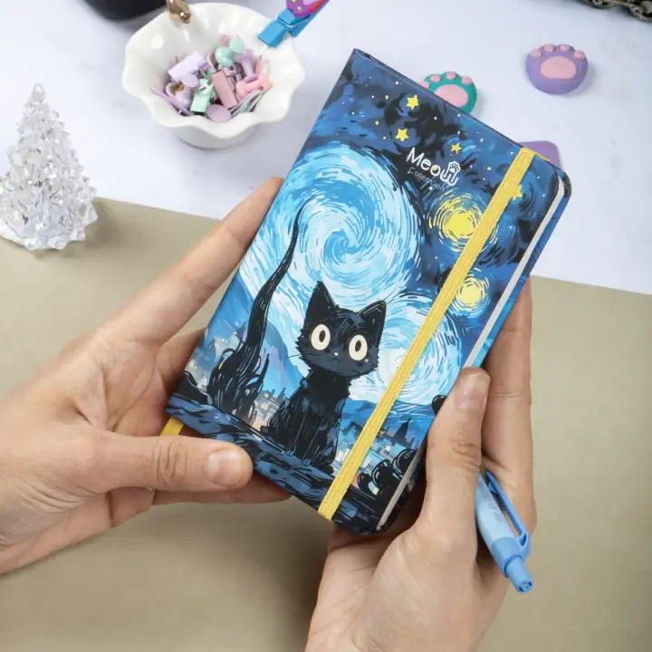 9x14 cm Sert Kapak Çizgili Tarihsiz Dikişli Not Okul Defteri - Meow Kedili 1