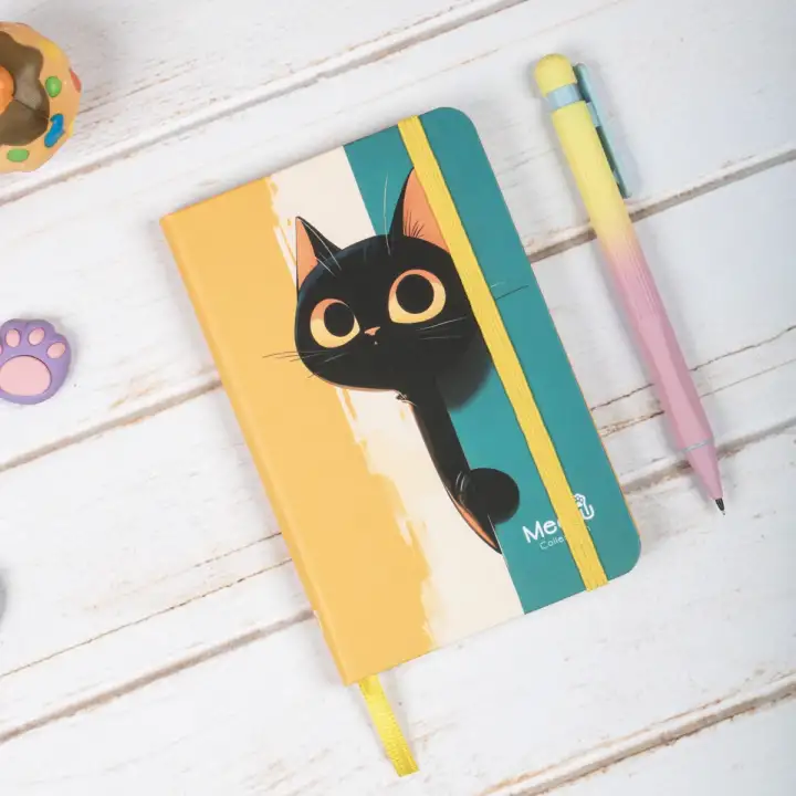 9x14 cm Sert Kapak Çizgili Tarihsiz Dikişli Not Okul Defteri - Meow Kedili 3