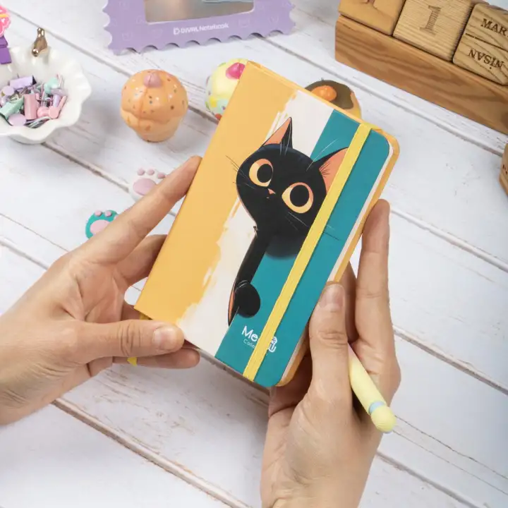 9x14 cm Sert Kapak Çizgili Tarihsiz Dikişli Not Okul Defteri - Meow Kedili 3