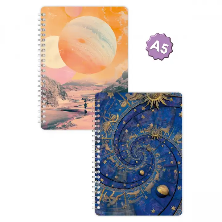 A5 Spiralli Karton Kapak 2li Set Kareli Ders Programlı Not Okul Defteri - Galaksi Serisi Vol. 2