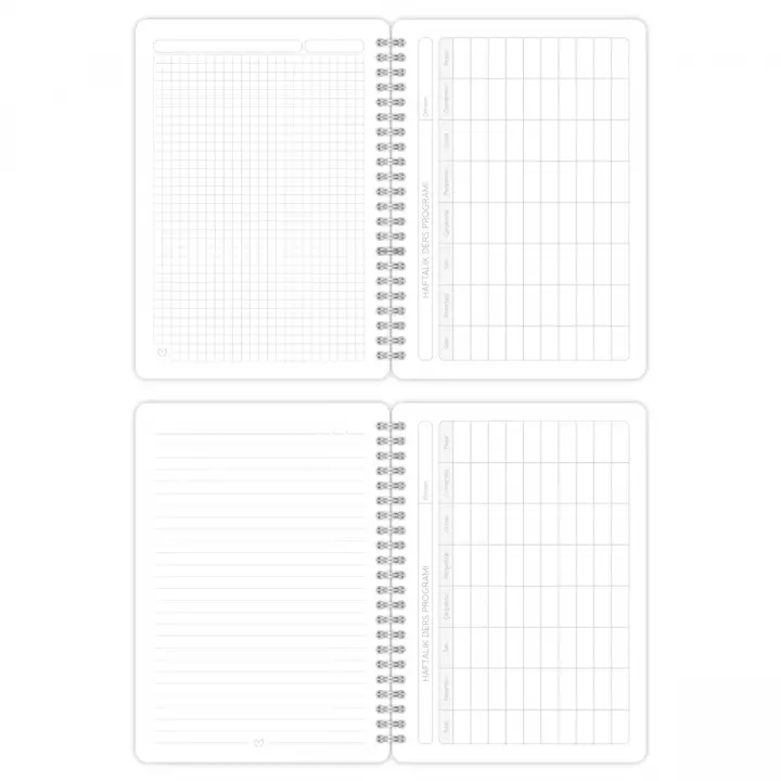 A5 Spiralli Karton Kapak 4lü Set 2 Kareli 2 Çizgili Ders Programlı Not Okul Defteri - Meow Kedi Serisi