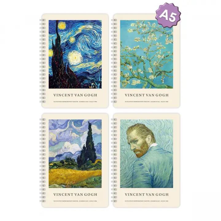 A5 Spiralli Karton Kapak 4lü Set Çizgili Ders Programlı Not Okul Defteri - Van Gogh Serisi