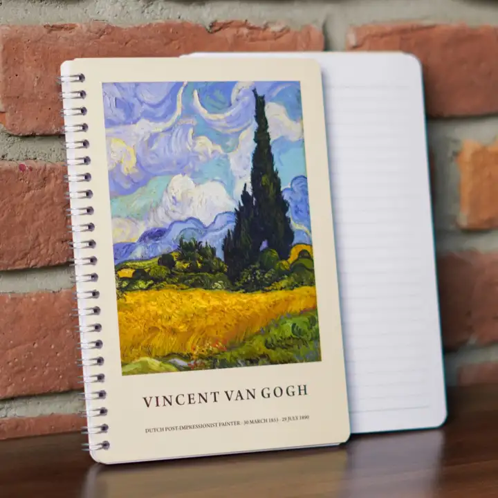 A5 Spiralli Karton Kapak 4lü Set Çizgili Ders Programlı Not Okul Defteri - Van Gogh Serisi