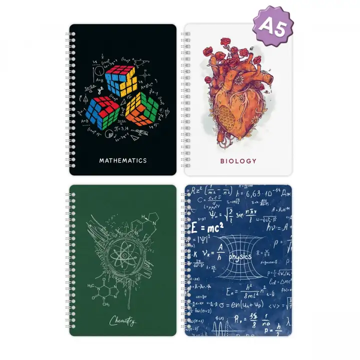 A5 Spiralli Karton Kapak 4lü Set Kareli Ders Programlı Not Okul Defteri - Akademi Serisi