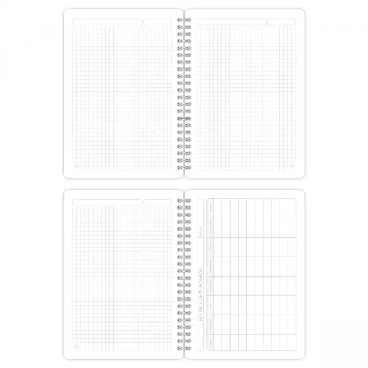 A5 Spiralli Karton Kapak 4lü Set Kareli Ders Programlı Not Okul Defteri - Akademi Serisi