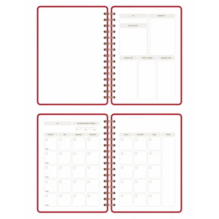 A5 Süresiz Haftalık Planlayıcı Spiralli Kumaş Kapak - Kırmızı