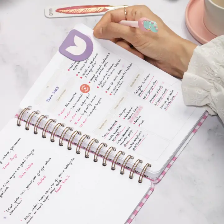 A5 Süresiz Haftalık Planlayıcı Spiralli Kuşe Kapak - Pembe Çizgili