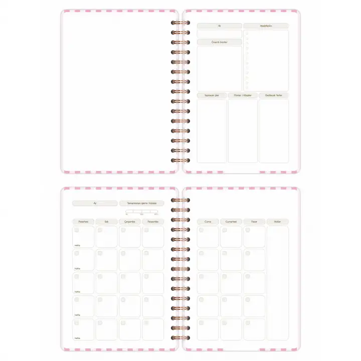 A5 Süresiz Haftalık Planlayıcı Spiralli Kuşe Kapak - Pembe Çizgili
