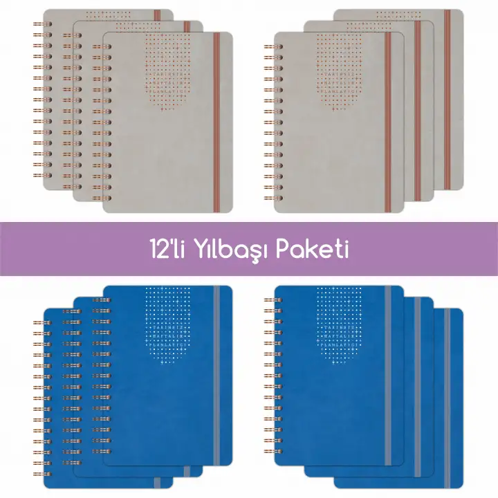 12li Tarihsiz Planlayıcı Ajanda Yılbaşı Hediye Seti - 15x21 cm - Vegan Deri Kapak