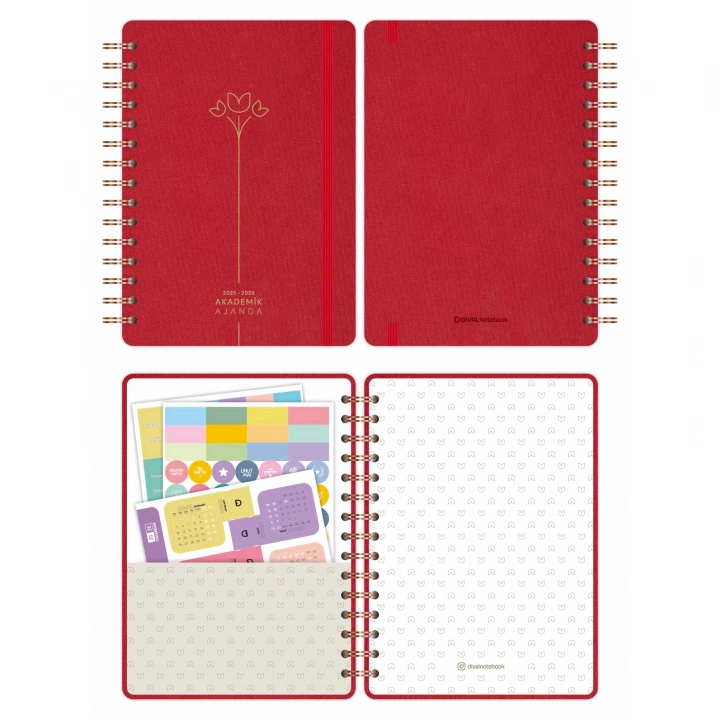 2025-2026 A5 Akademik Ajanda Spiralli Kumaş Kapak 16 Aylık - Kırmızı