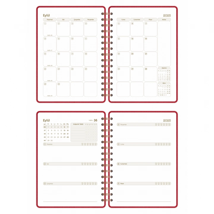 2025-2026 A5 Akademik Ajanda Spiralli Kumaş Kapak 16 Aylık - Kırmızı