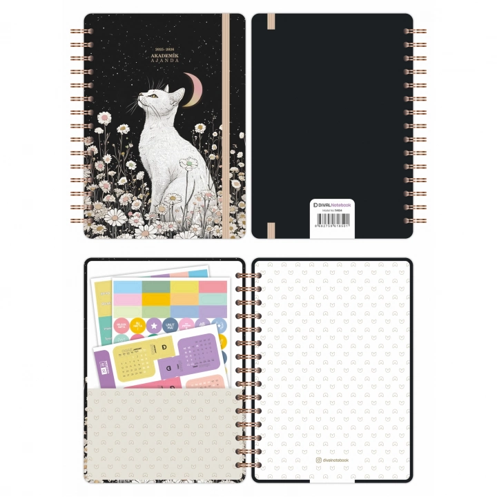 2025-2026 A5 Akademik Ajanda Spiralli Kuşe Kapak 16 Aylık - Yıldızlı Kedi