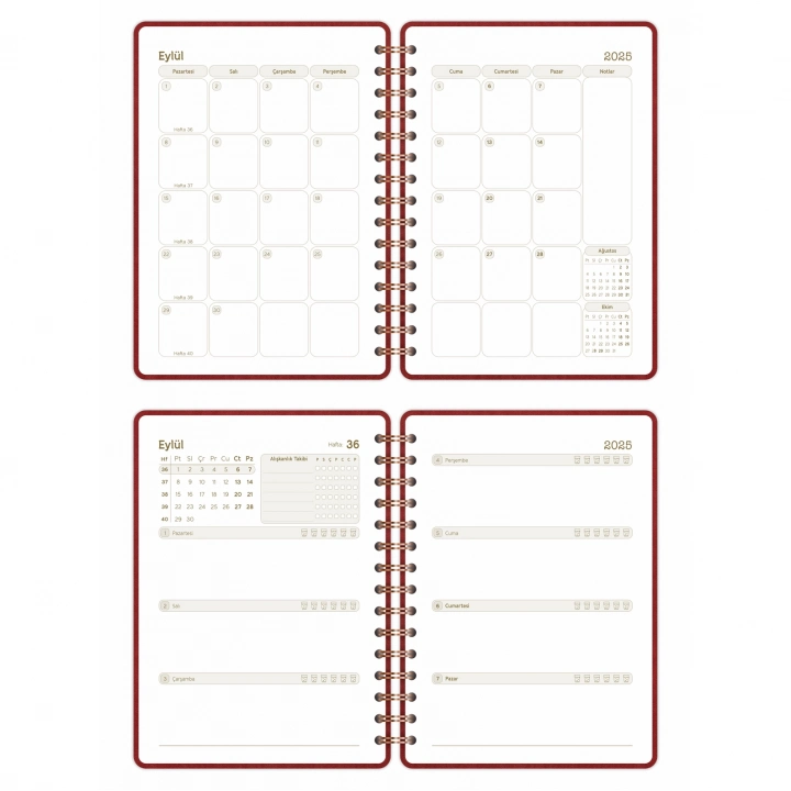 2025-2026 A5 Akademik Ajanda Spiralli Vegan Deri Kapak 16 Aylık - Bordo