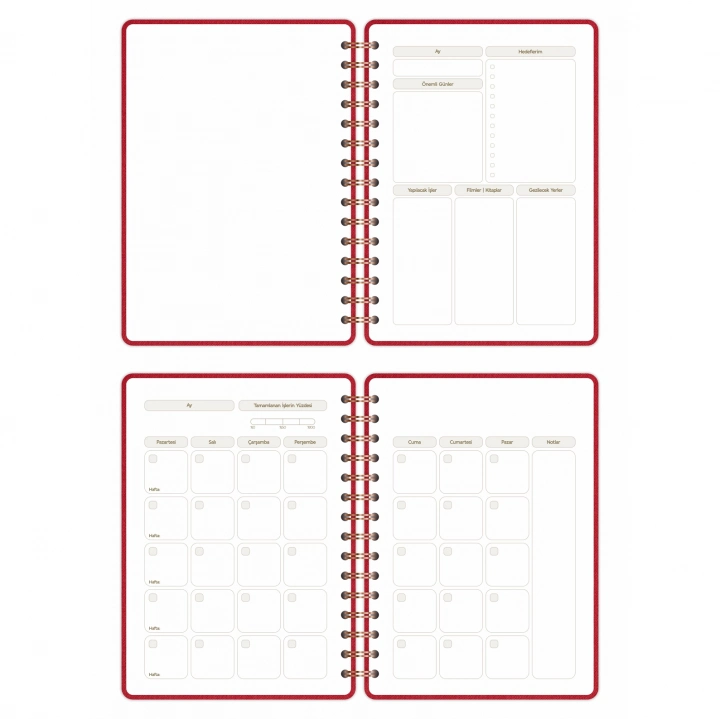 A5 Süresiz Haftalık Planlayıcı Spiralli Kumaş Kapak - Kırmızı
